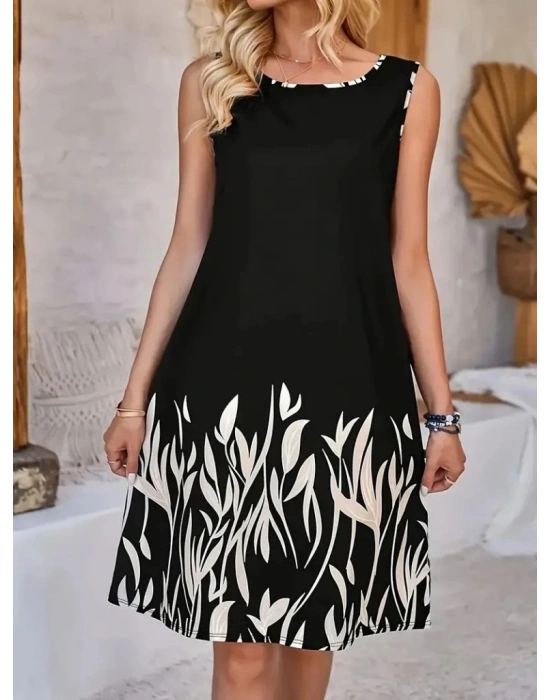 Kadın Askılı Yuvarlak Yakalı Yaprak Desenli Dalgıç Elbise