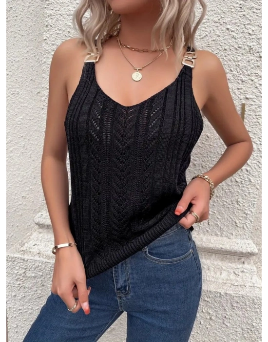 Kadın Askısı Tokalı örgü Detay Triko Bluz