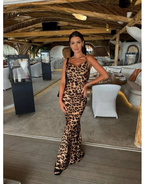 Kadın aten Kumaş Leopar Desenli Uzun Askılı Elbise