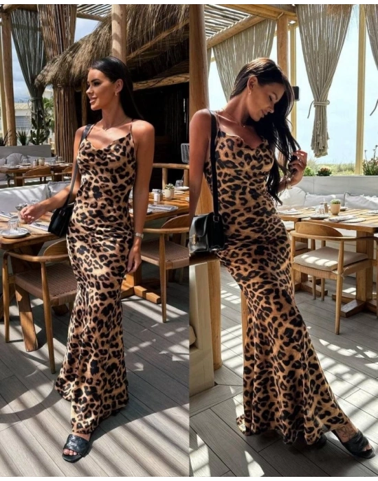 Kadın aten Kumaş Leopar Desenli Uzun Askılı Elbise