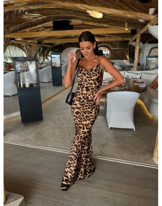 Kadın aten Kumaş Leopar Desenli Uzun Askılı Elbise