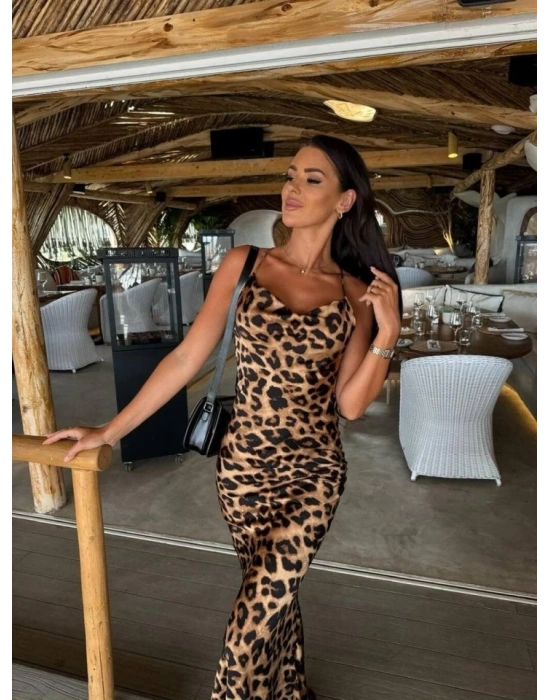 Kadın aten Kumaş Leopar Desenli Uzun Askılı Elbise