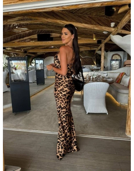 Kadın aten Kumaş Leopar Desenli Uzun Askılı Elbise
