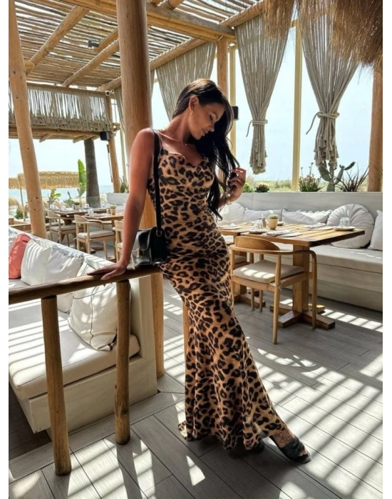 Kadın aten Kumaş Leopar Desenli Uzun Askılı Elbise