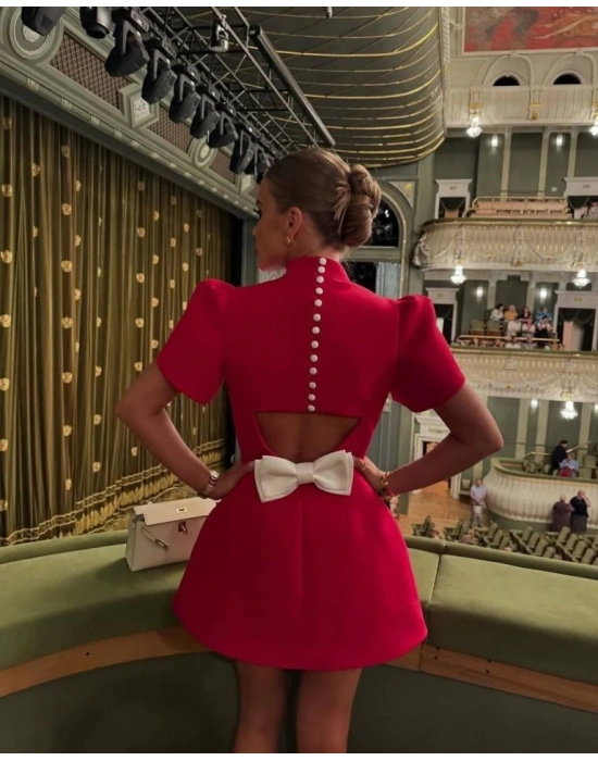 Kadın Atlas Kumaş Iç Astarlı Gizli Fermuarlı Inci Düğme Detaylı ini Elbise