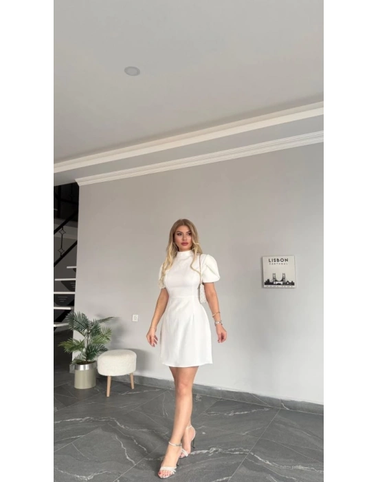 Kadın Atlas Kumaş Iç Astarlı Gizli Fermuarlı Inci Düğme Detaylı Mini Elbise