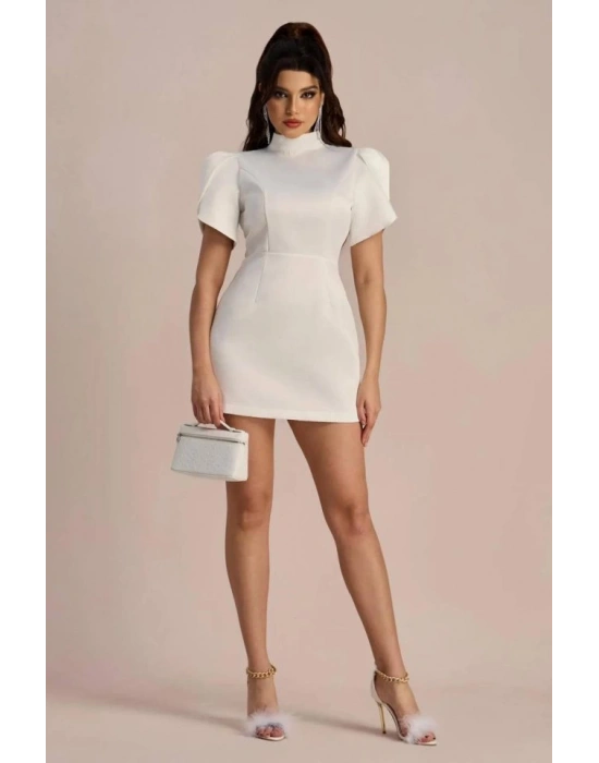 Kadın Atlas Kumaş Iç Astarlı Gizli Fermuarlı Inci Düğme Detaylı Mini Elbise