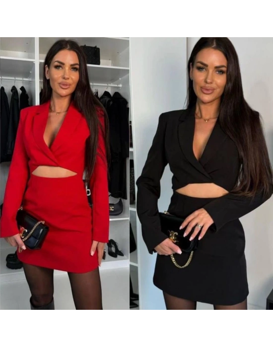 Kadın Atlas Kumaş Uzun Kollu V Yaka Blazer Kesim Göbek Dekolteli Mini Ceket Elbise