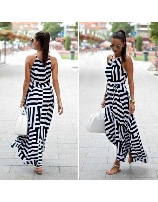 Kadın Ayarlanabilir Askılı Geometrik Desen Kuşaklı Gipeli Süprem Elbise