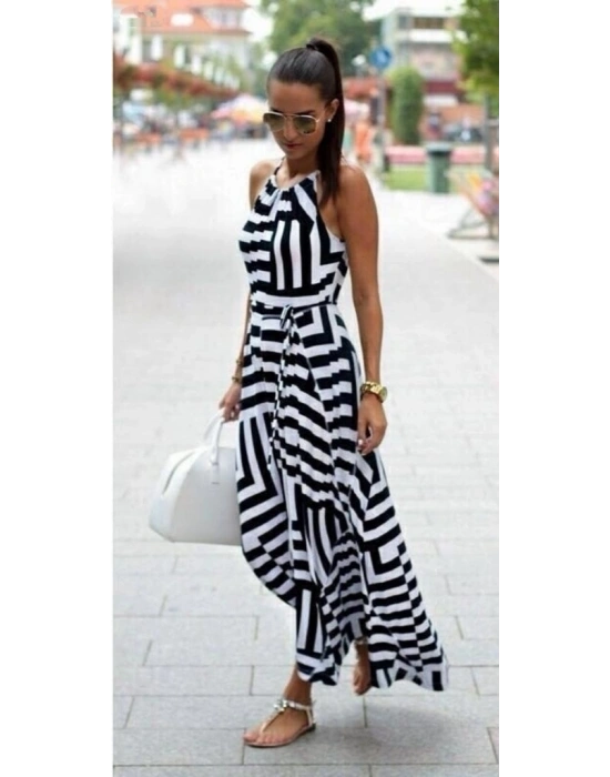 Kadın Ayarlanabilir Askılı Geometrik Desen Kuşaklı Gipeli Süprem Elbise