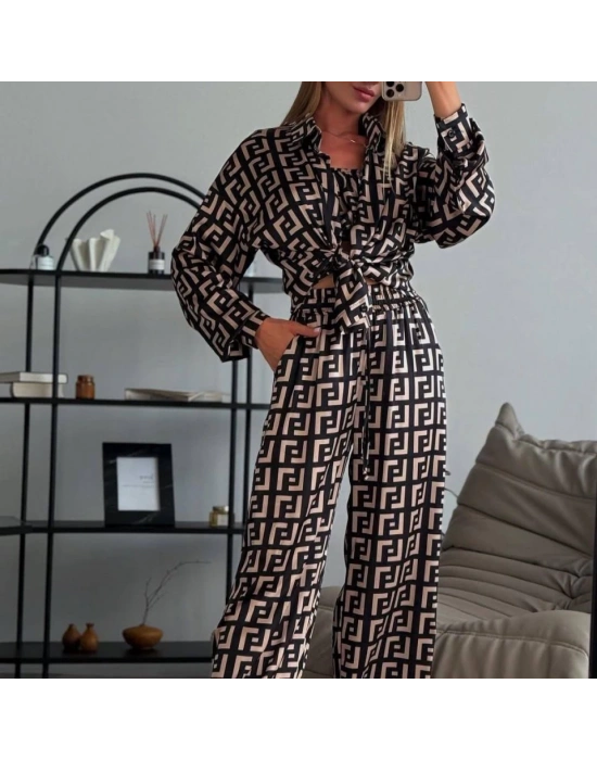 Kadın Bağcık Detaylı Dıjıtal Baskılı Dalgıç Kumaş 3;lü Takım