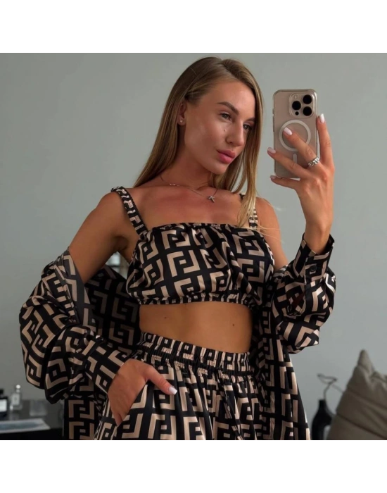 Kadın Bağcık Detaylı Dıjıtal Baskılı Dalgıç Kumaş 3;lü Takım