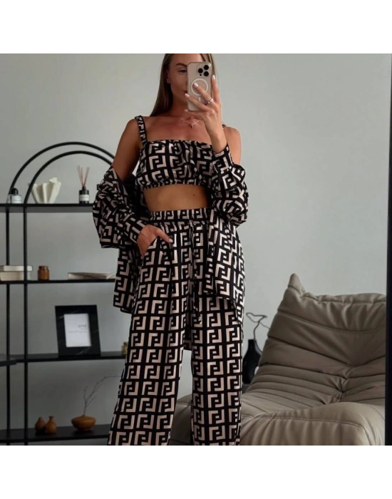 Kadın Bağcık Detaylı Dıjıtal Baskılı Dalgıç Kumaş 3;lü Takım