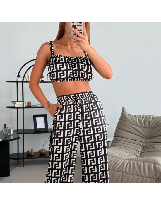 Kadın Bağcık Detaylı Dıjıtal Baskılı Dalgıç Kumaş 3;lü Takım