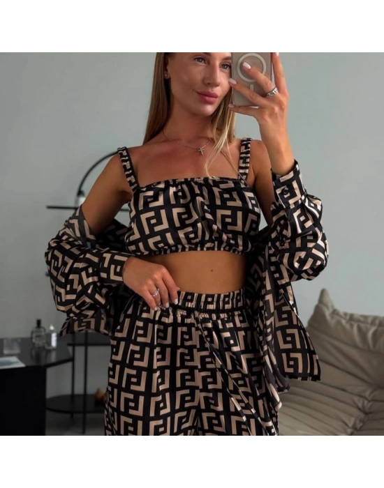 Kadın Bağcık Detaylı Dıjıtal Baskılı Dalgıç Kumaş 3;lü Takım