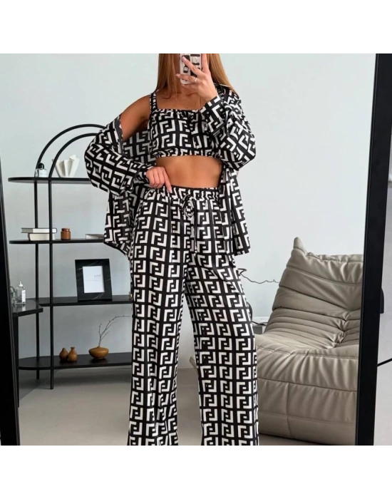 Kadın Bağcık Detaylı Dıjıtal Baskılı Dalgıç Kumaş 3;lü Takım