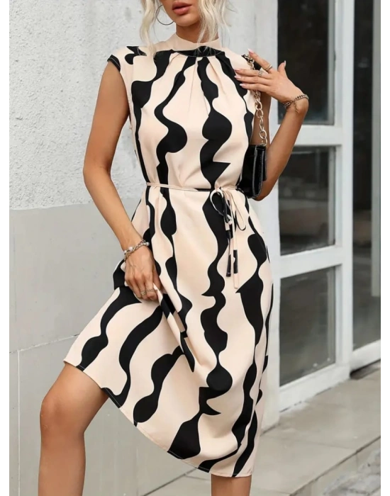 Kadın Balıkçı Yaka Arkadan Bağlamalı Kuşaklı Midi Boy Jessica Elbise