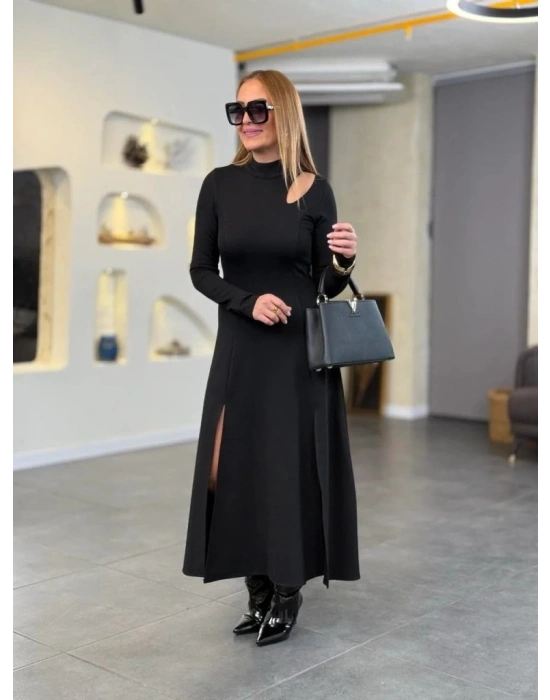 Kadın Balıkçı Yaka Damla Detaylı Yırtmaçlı Uzun Viskon Iki Iplik Maxi Elbise