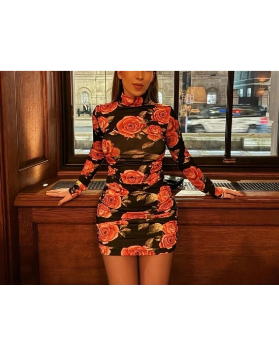 Kadın Balıkçı Yaka Gül Baskılı Fırsat ürün Mini Elbise