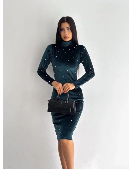 Kadın Balıkçı Yaka Inci Detay Fırsat ürün Kadife Kumaş ini Elbise