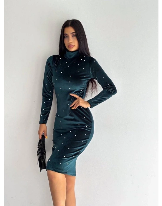 Kadın Balıkçı Yaka Inci Detay Fırsat ürün Kadife Kumaş ini Elbise