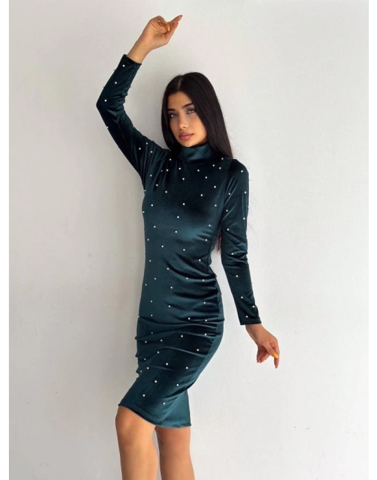 Kadın Balıkçı Yaka Inci Detay Fırsat ürün Kadife Kumaş ini Elbise