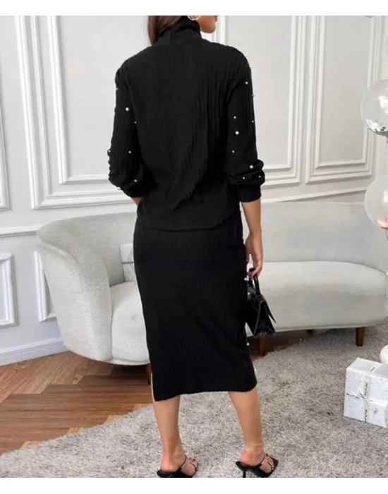 Kadın Balıkçı Yaka Inci Detay Kazak Ve Yırtmaç Detay Etek Fırsat ürün Ikili Takım