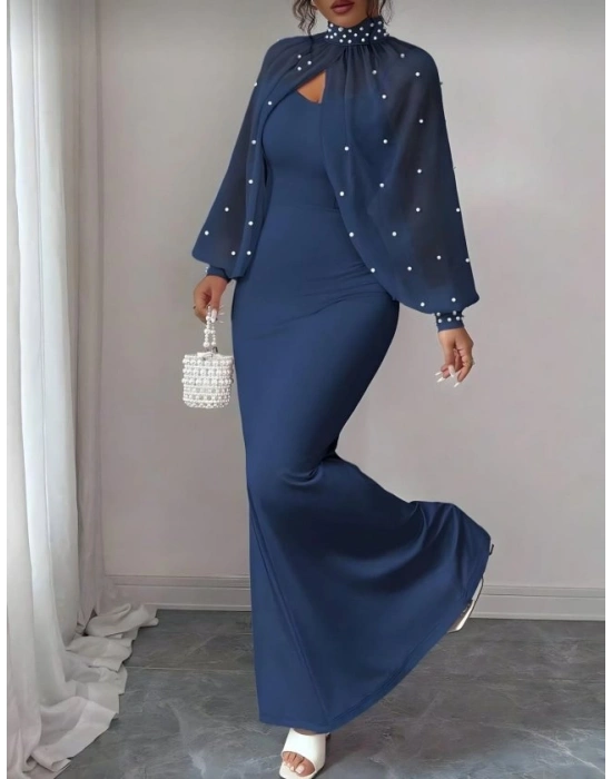 Kadın Balıkçı Yaka İnci Ve Tül Detay Dalgıç Kumaş Maxi Boy Elbise