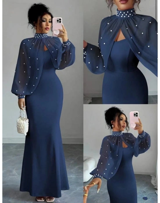 Kadın Balıkçı Yaka İnci Ve Tül Detay Dalgıç Kumaş Maxi Boy Elbise