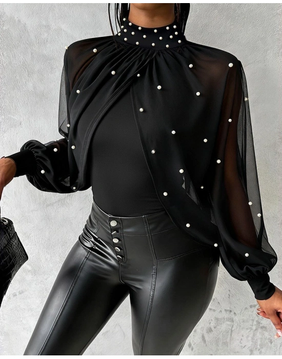 Kadın Balıkçı Yaka Incili Pelerin Ithal Krep Bluz