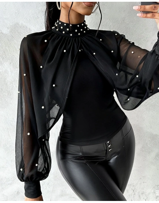 Kadın Balıkçı Yaka Incili Pelerin Ithal Krep Bluz