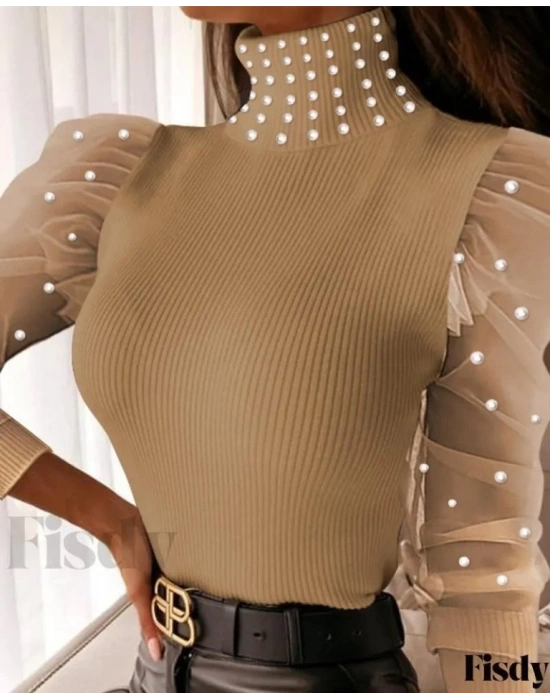 Kadın Balıkçı Yaka Kolları Tül Inci Detay Fırsat ürün Bluz