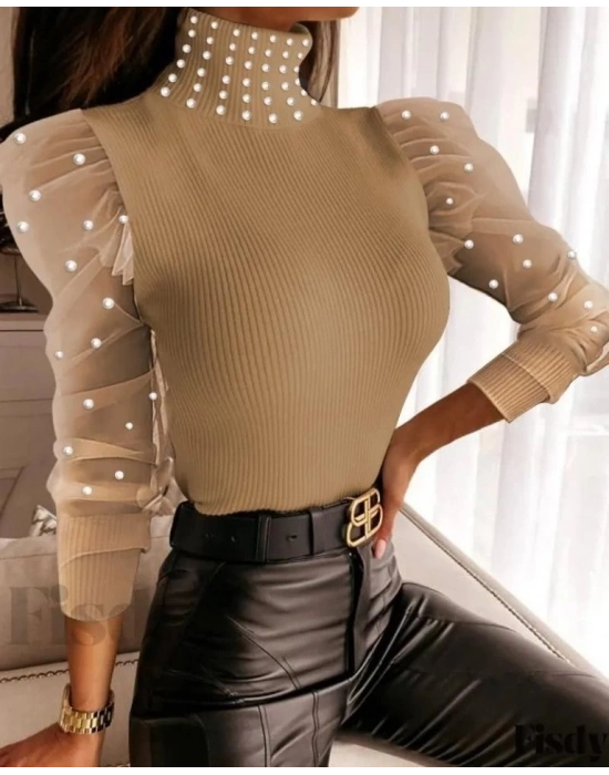 Kadın Balıkçı Yaka Kolları Tül Inci Detay Fırsat ürün Bluz