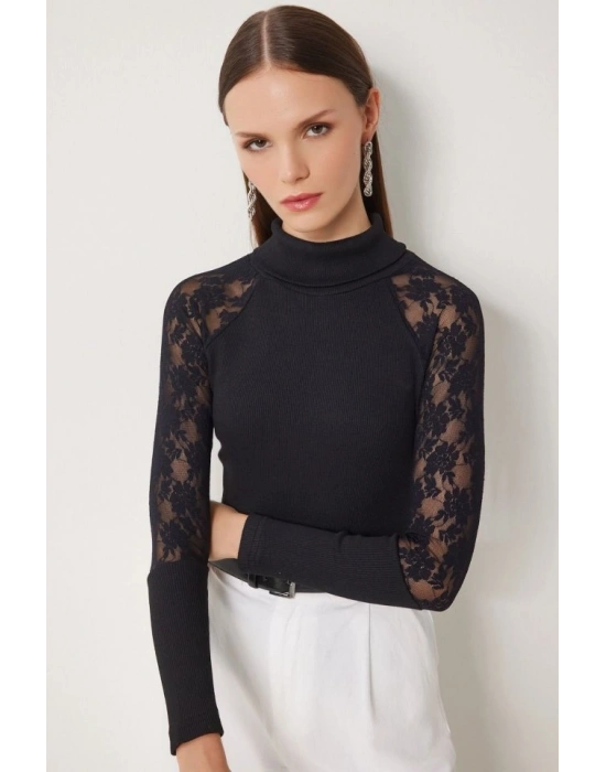 Kadın Balıkçı Yaka Kolları Tül Manşet Detay Kaşkorse Kazak