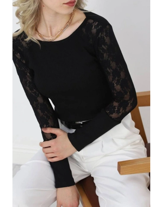 Kadın Balıkçı Yaka Kolları Tül Manşet Detay Kaşkorse Kazak