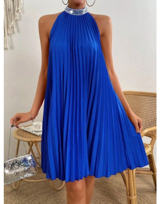 Kadın Balıkçı Yaka Omuzlardan Açık Pılelı Kısa Janjan Krep Elbise