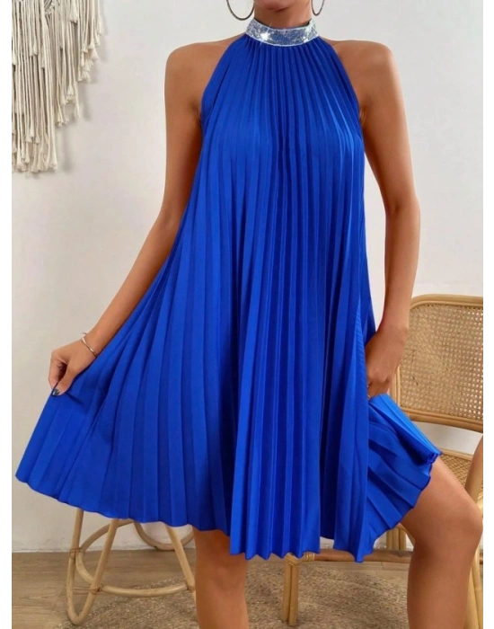 Kadın Balıkçı Yaka Omuzlardan Açık Pılelı Kısa Janjan Krep Elbise