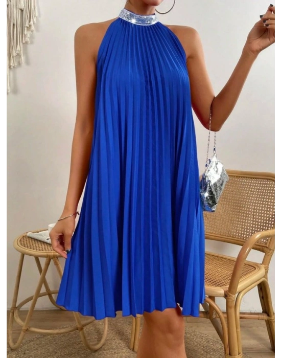 Kadın Balıkçı Yaka Omuzlardan Açık Pılelı Kısa Janjan Krep Elbise