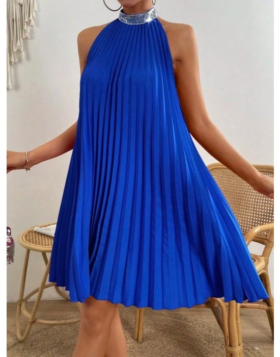 Kadın Balıkçı Yaka Omuzlardan Açık Pılelı Kısa Janjan Krep Elbise