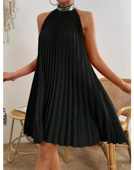 Kadın Balıkçı Yaka Omuzlardan Açık Pılelı Kısa Janjan Krep Elbise