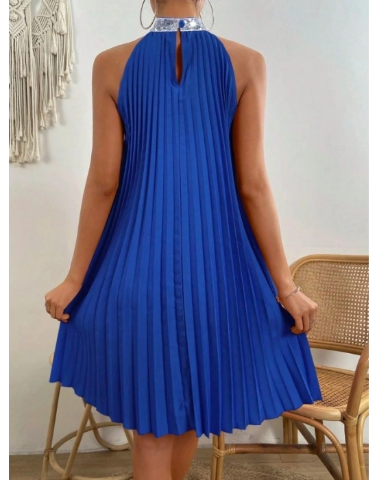 Kadın Balıkçı Yaka Omuzlardan Açık Pılelı Kısa Janjan Krep Elbise