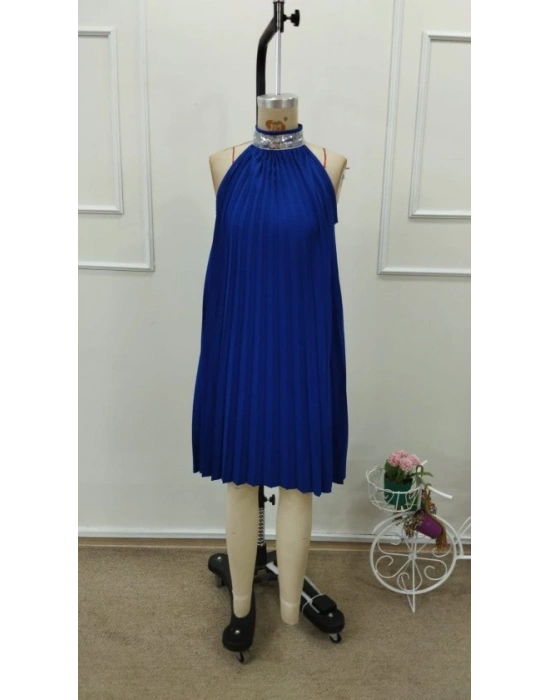 Kadın Balıkçı Yaka Omuzlardan Açık Pılelı Kısa Janjan Krep Elbise