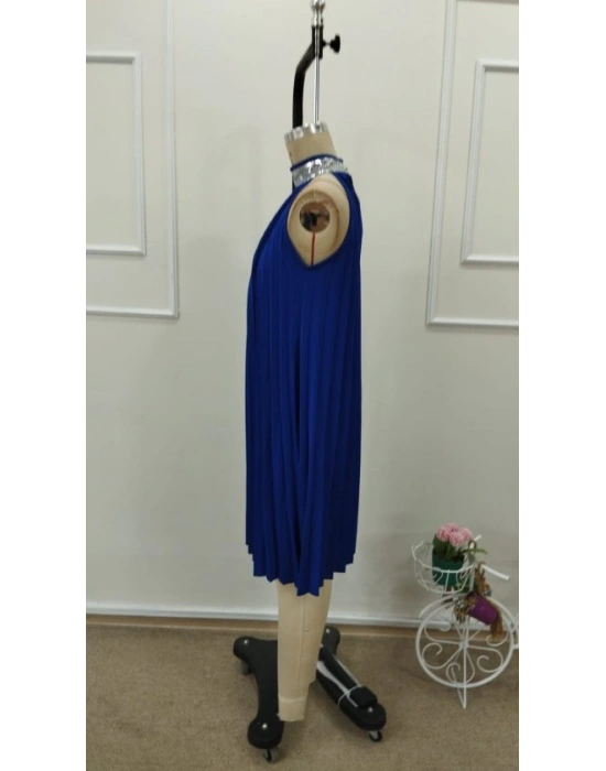 Kadın Balıkçı Yaka Omuzlardan Açık Pılelı Kısa Janjan Krep Elbise