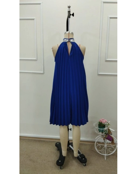 Kadın Balıkçı Yaka Omuzlardan Açık Pılelı Kısa Janjan Krep Elbise