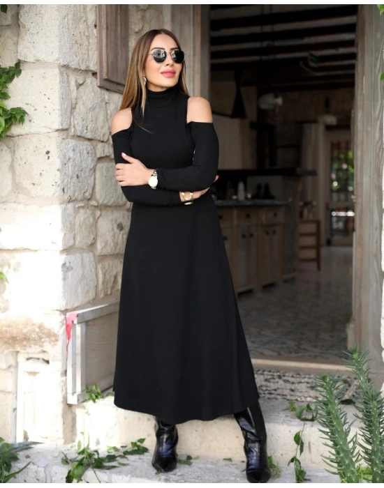 Kadın Balıkçı Yaka Omuzlardan Açık Uzun Kollu Janjan Krep Elbise