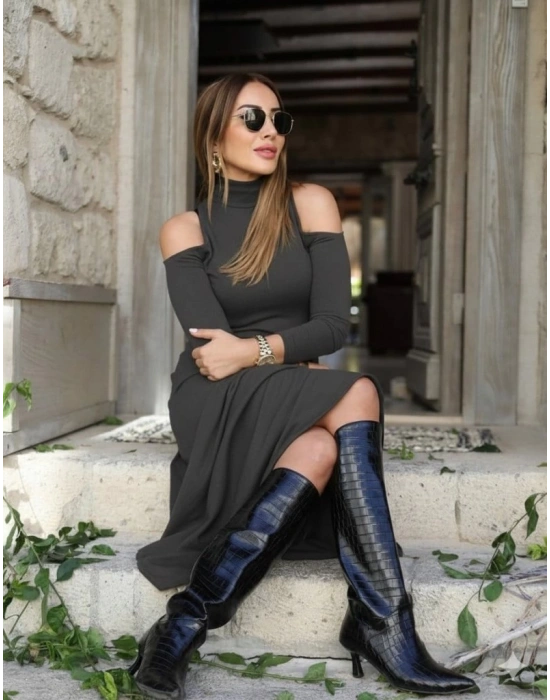 Kadın Balıkçı Yaka Omuzlardan Açık Uzun Kollu Janjan Krep Elbise