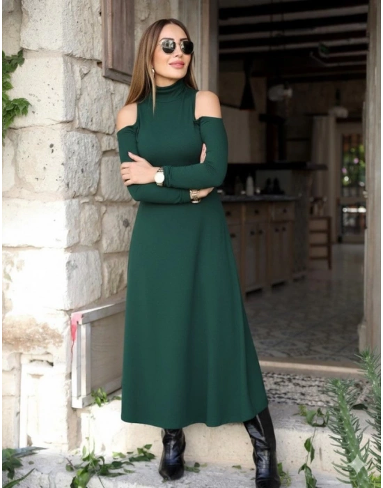 Kadın Balıkçı Yaka Omuzlardan Açık Uzun Kollu Janjan Krep Elbise