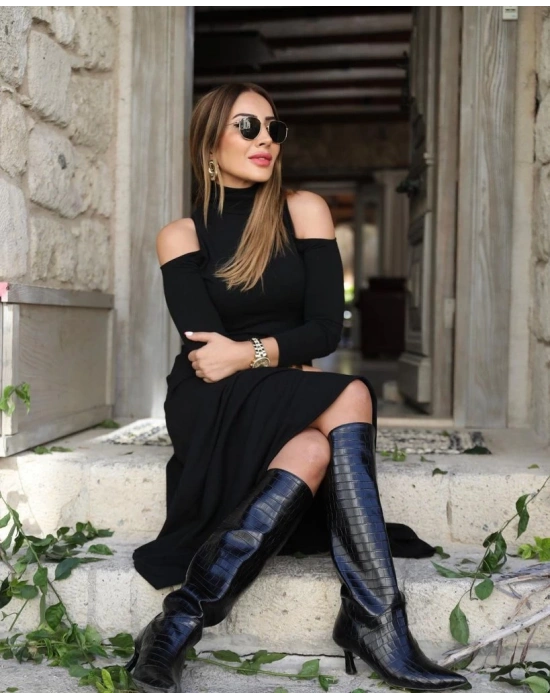 Kadın Balıkçı Yaka Omuzlardan Açık Uzun Kollu Janjan Krep Elbise