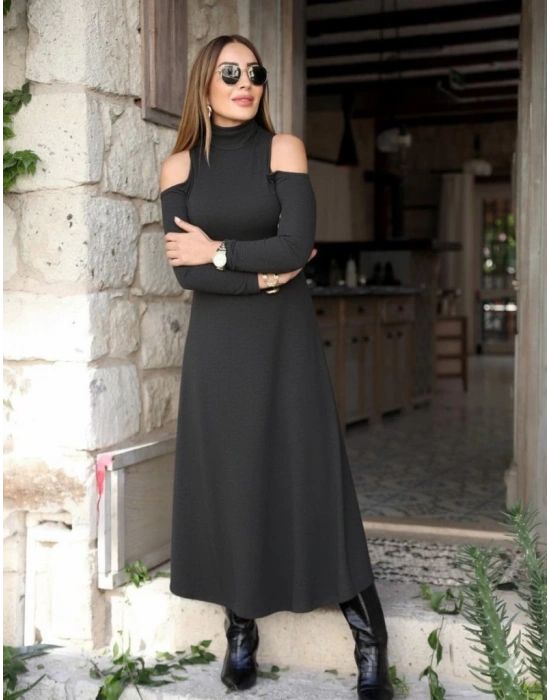 Kadın Balıkçı Yaka Omuzlardan Açık Uzun Kollu Janjan Krep Elbise