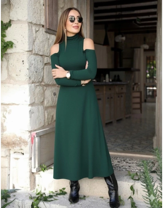 Kadın Balıkçı Yaka Omuzlardan Açık Uzun Kollu Janjan Krep Elbise